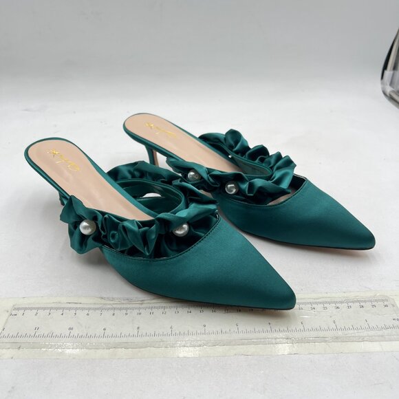 XYD Dark Cyan Pointed Toe Low Heel Mules with Ruffle Pearls Beaded Strap Sandals - Picture 4 of 8